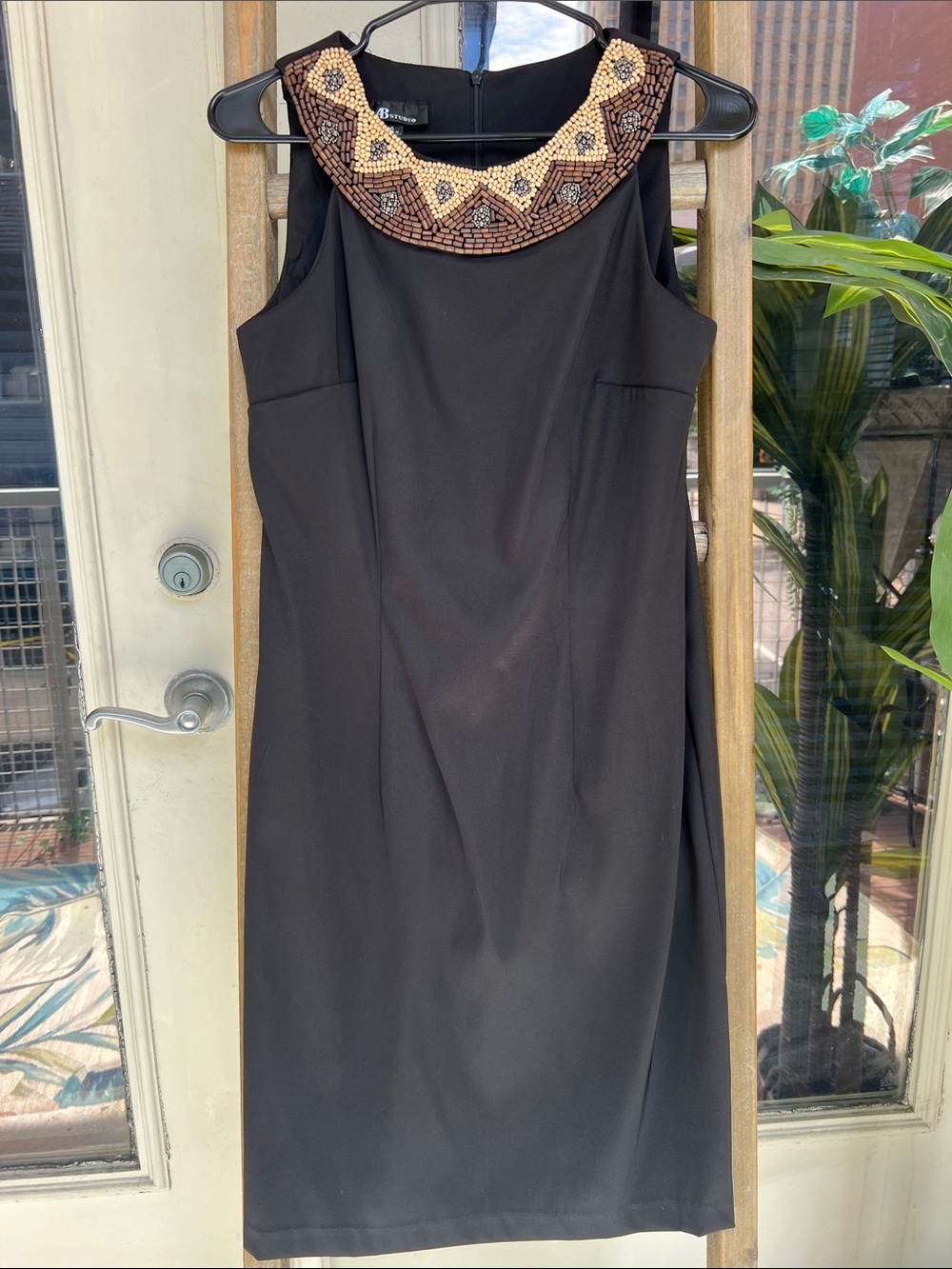 AB Studio Black Midi Dress with Beaded Neckline
